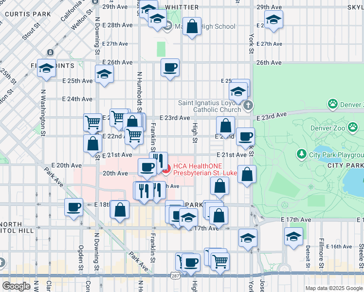 map of restaurants, bars, coffee shops, grocery stores, and more near 2110 North Williams Street in Denver