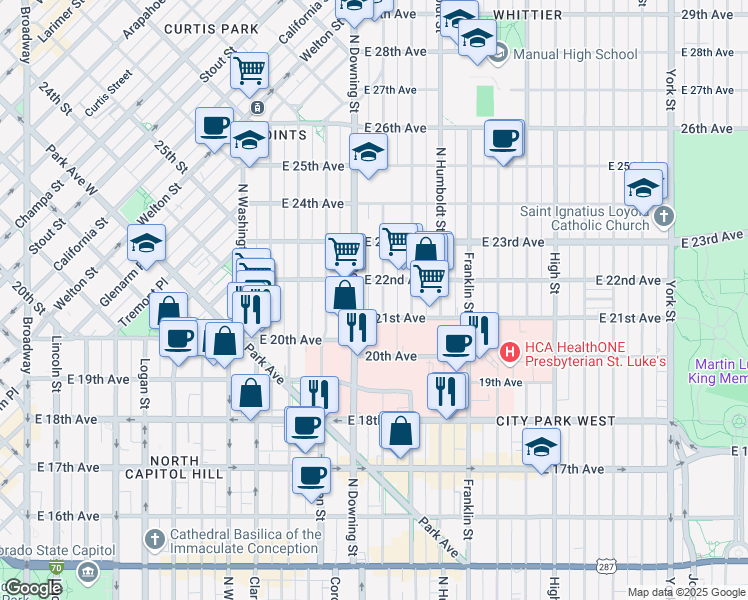 map of restaurants, bars, coffee shops, grocery stores, and more near 2100 North Downing Street in Denver