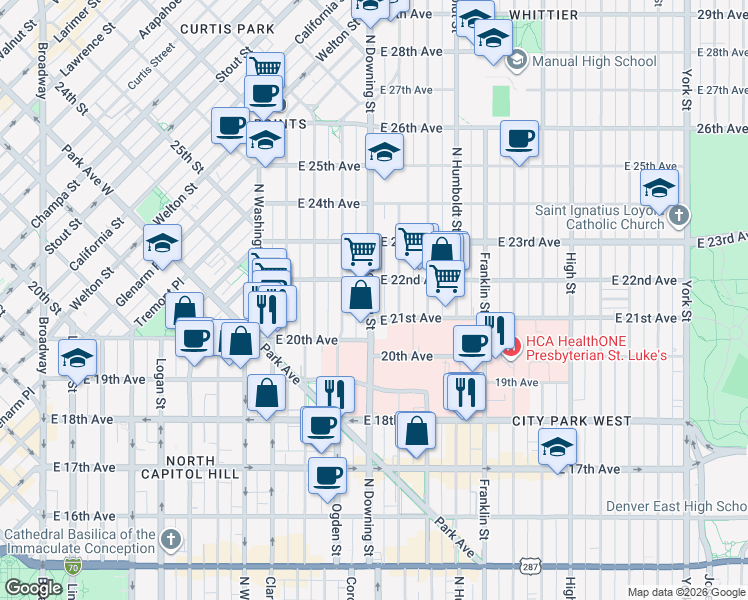 map of restaurants, bars, coffee shops, grocery stores, and more near 2100 North Downing Street in Denver