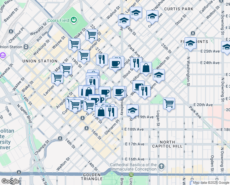 map of restaurants, bars, coffee shops, grocery stores, and more near 1900 California Street in Denver