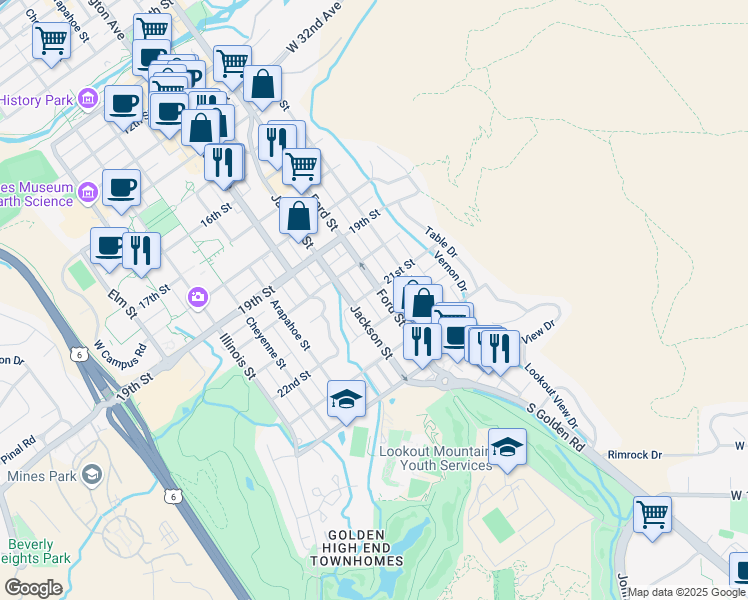 map of restaurants, bars, coffee shops, grocery stores, and more near 2109 Jackson Street in Golden