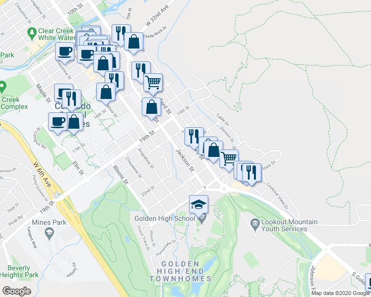 map of restaurants, bars, coffee shops, grocery stores, and more near 2109 Jackson Street in Golden