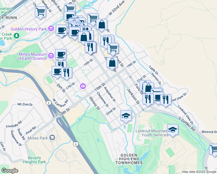 map of restaurants, bars, coffee shops, grocery stores, and more near 816 20th Street in Golden