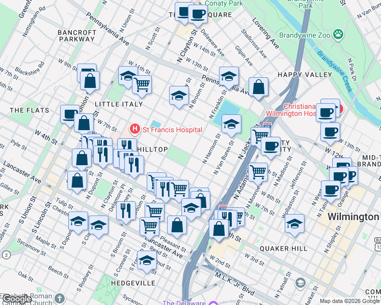 map of restaurants, bars, coffee shops, grocery stores, and more near 714 North Franklin Street in Wilmington