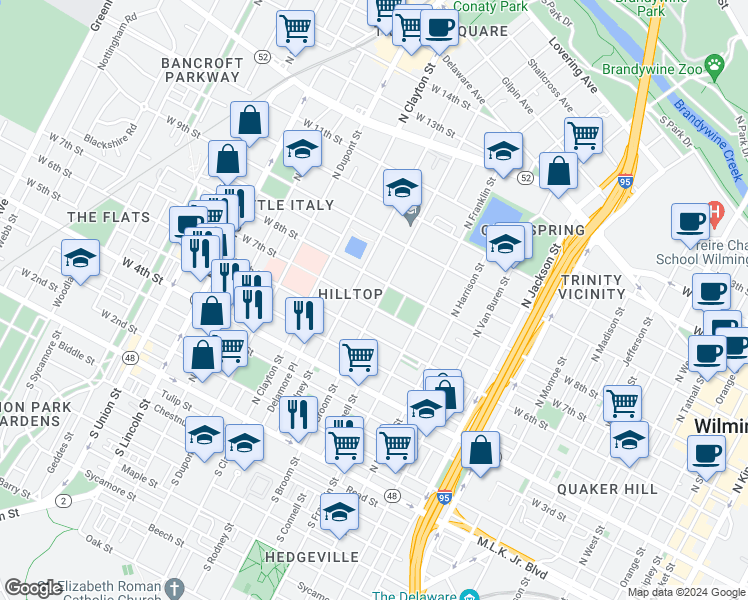 map of restaurants, bars, coffee shops, grocery stores, and more near 624 North Broom Street in Wilmington