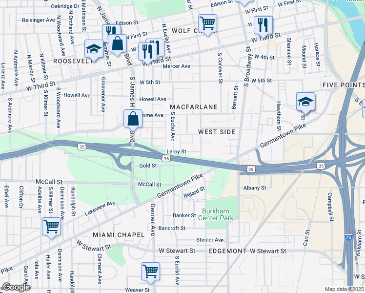 map of restaurants, bars, coffee shops, grocery stores, and more near 32 Leroy Street in Dayton