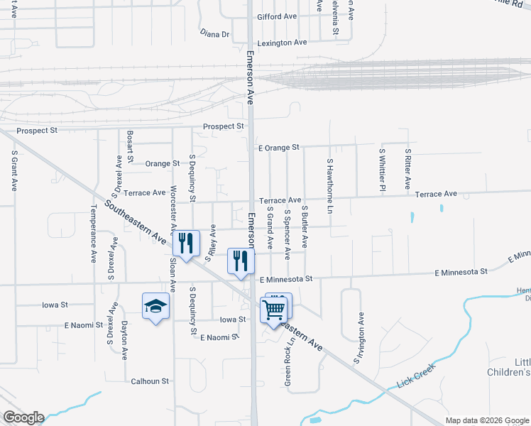 map of restaurants, bars, coffee shops, grocery stores, and more near 1400 South Leland Avenue in Indianapolis