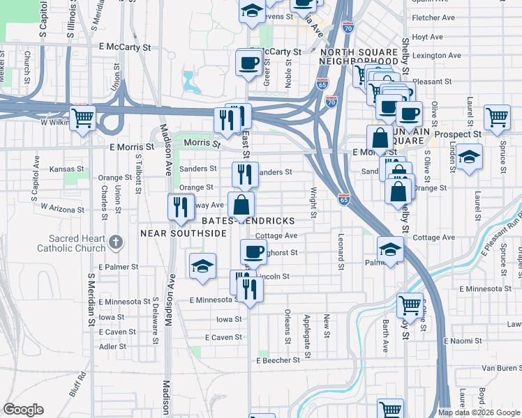 map of restaurants, bars, coffee shops, grocery stores, and more near 614 Terrace Avenue in Indianapolis