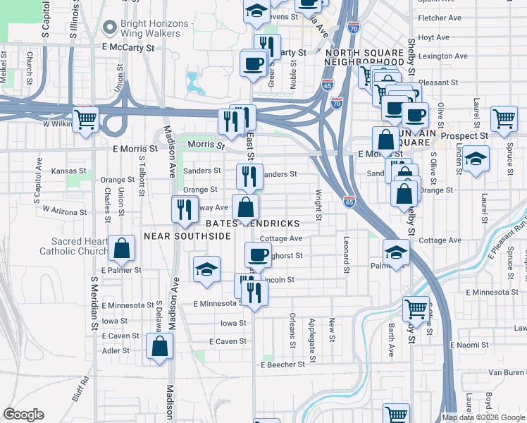 map of restaurants, bars, coffee shops, grocery stores, and more near in Indianapolis