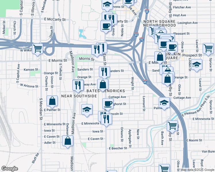 map of restaurants, bars, coffee shops, grocery stores, and more near in Indianapolis