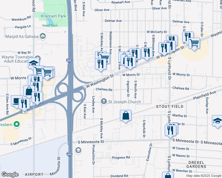 map of restaurants, bars, coffee shops, grocery stores, and more near 1318 Waldemere Avenue in Indianapolis