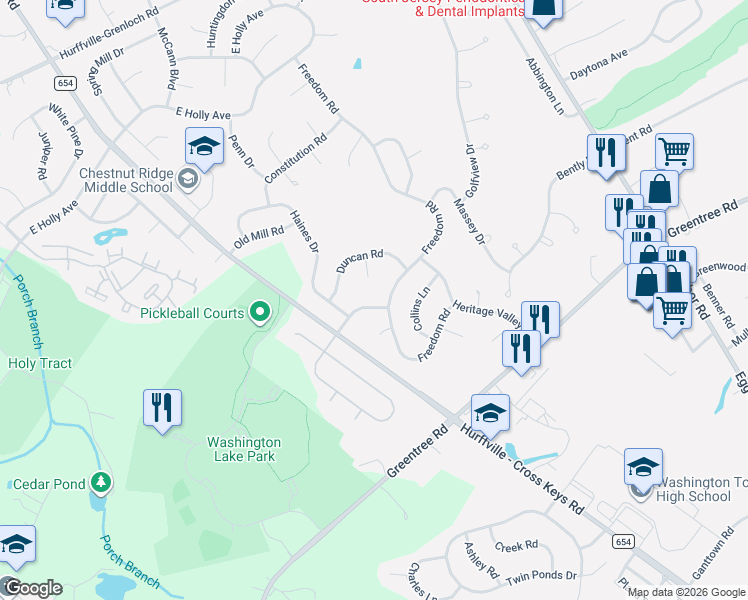 map of restaurants, bars, coffee shops, grocery stores, and more near 3 Bunker Hill Road in Washington Township