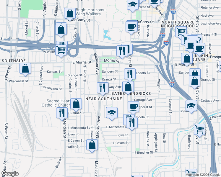 map of restaurants, bars, coffee shops, grocery stores, and more near 318 Terrace Avenue in Indianapolis