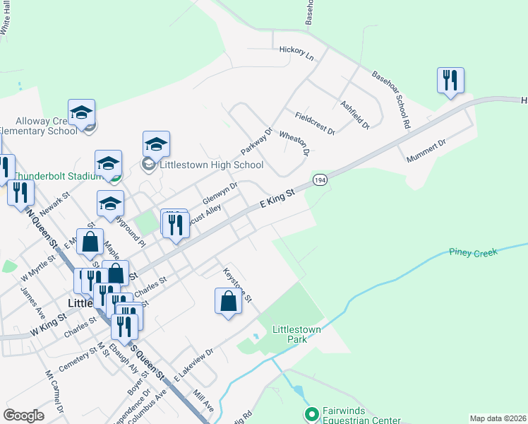 map of restaurants, bars, coffee shops, grocery stores, and more near 527 East King Street in Littlestown