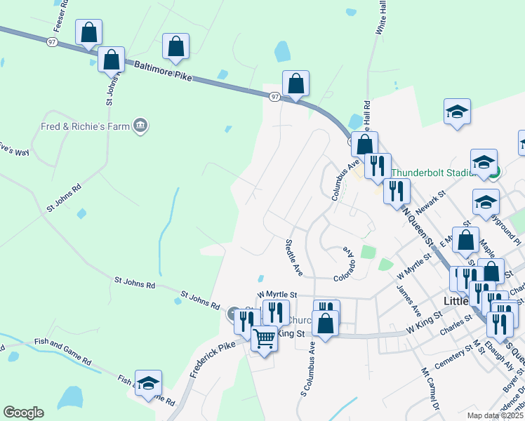 map of restaurants, bars, coffee shops, grocery stores, and more near 141 Stoners Circle in Littlestown