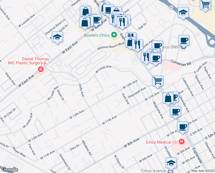 map of restaurants, bars, coffee shops, grocery stores, and more near 450 Hideaway Park in Chico