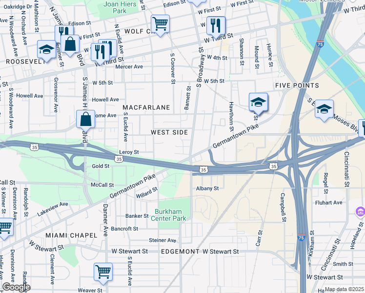map of restaurants, bars, coffee shops, grocery stores, and more near 108 Melba Ave in Dayton
