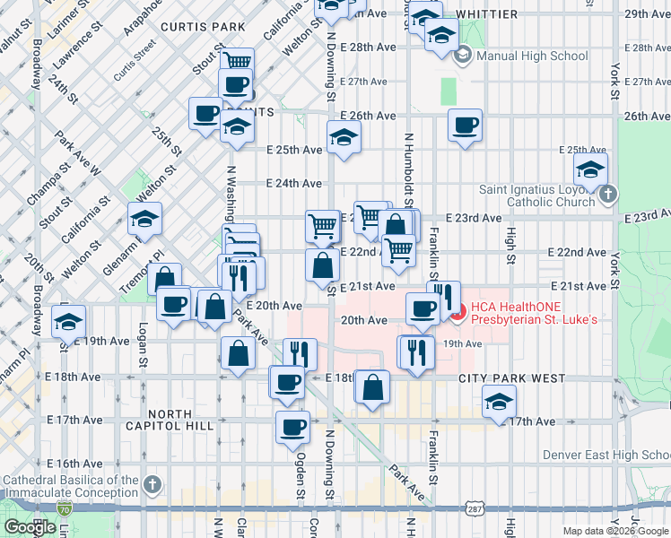 map of restaurants, bars, coffee shops, grocery stores, and more near 2100 North Downing Street in Denver