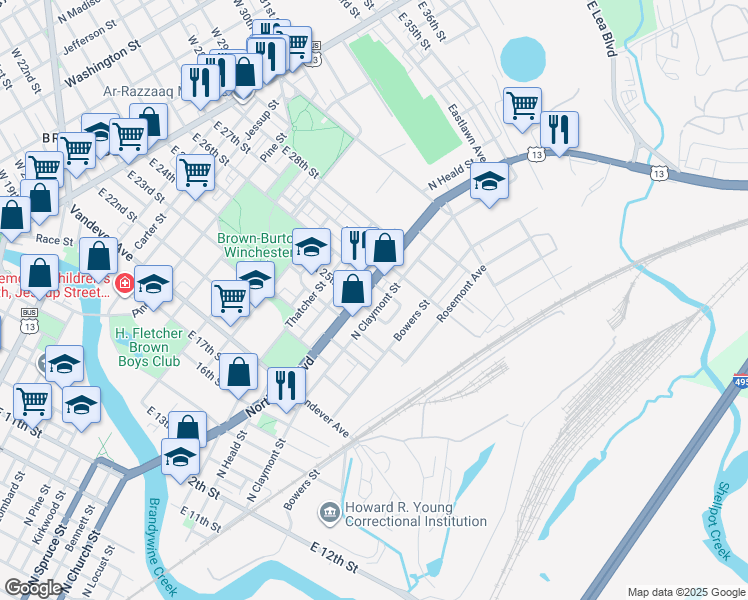 map of restaurants, bars, coffee shops, grocery stores, and more near 2510 Northeast Boulevard in Wilmington