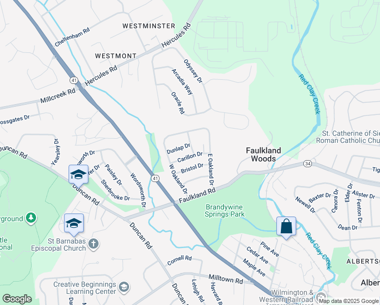 map of restaurants, bars, coffee shops, grocery stores, and more near 3207 Carillon Drive in Wilmington