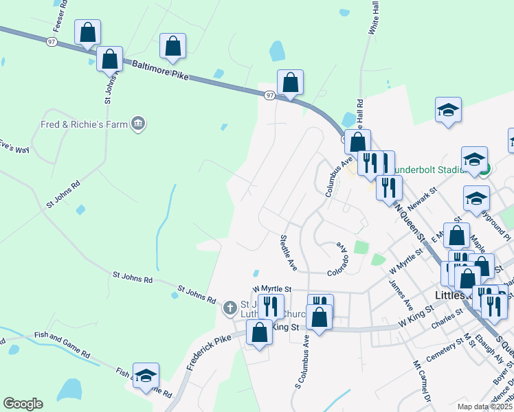 map of restaurants, bars, coffee shops, grocery stores, and more near 141 Stoners Circle in Littlestown