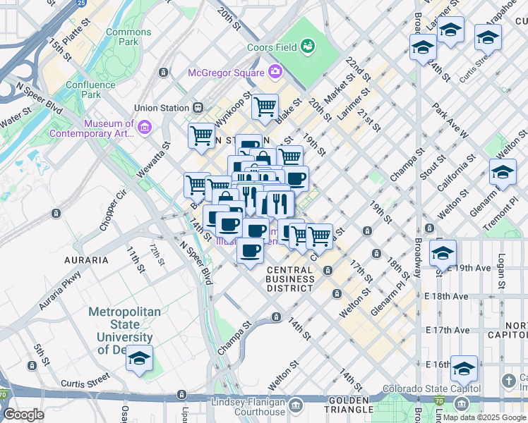 map of restaurants, bars, coffee shops, grocery stores, and more near 1515 Arapahoe Street in Denver