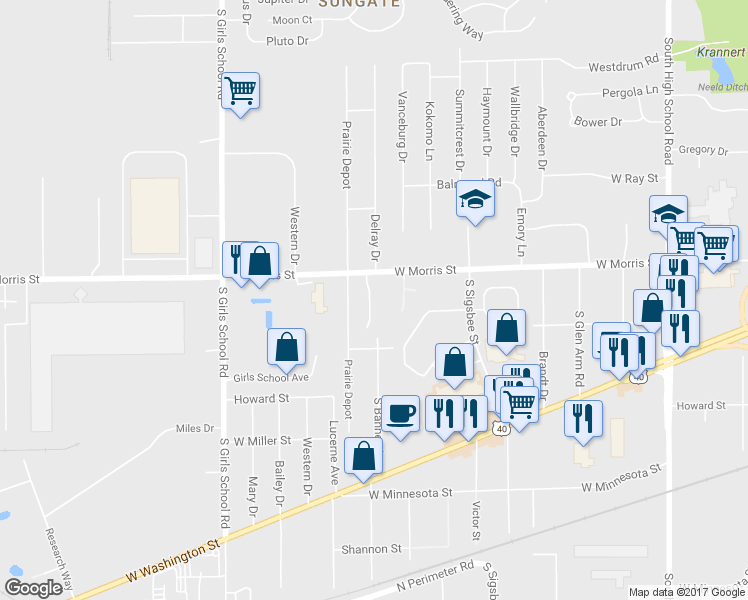 map of restaurants, bars, coffee shops, grocery stores, and more near 1235 West Glenhal Circle in Indianapolis