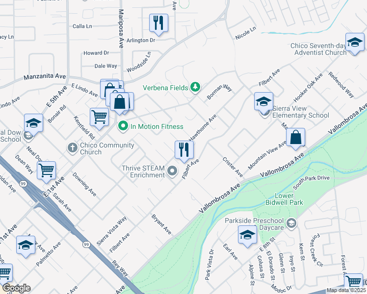map of restaurants, bars, coffee shops, grocery stores, and more near 801 Alice Lane in Chico