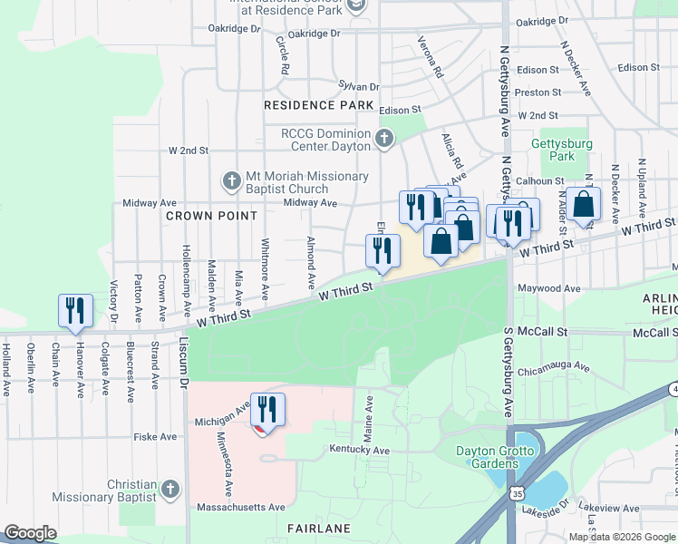map of restaurants, bars, coffee shops, grocery stores, and more near 4501 Greenleaf Drive in Dayton