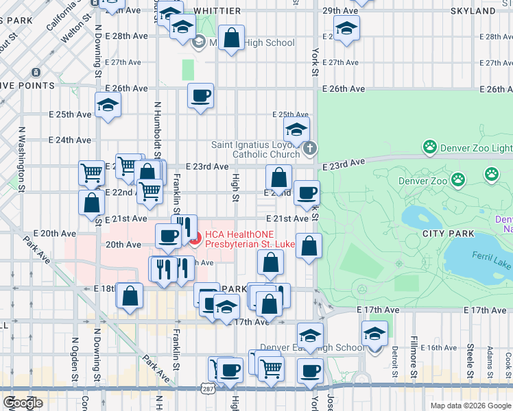 map of restaurants, bars, coffee shops, grocery stores, and more near Park Place in Denver