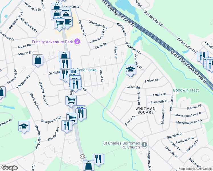 map of restaurants, bars, coffee shops, grocery stores, and more near 105 Locust Street in Washington Township