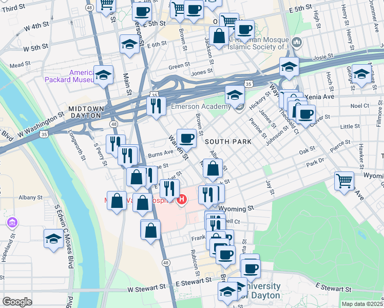map of restaurants, bars, coffee shops, grocery stores, and more near 512 Warren Street in Dayton