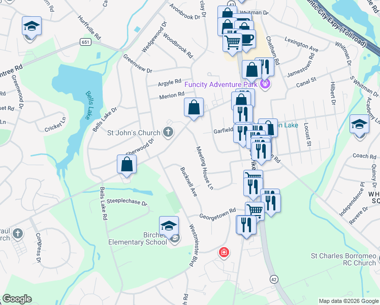 map of restaurants, bars, coffee shops, grocery stores, and more near 8 Meeting House Lane in Washington Township