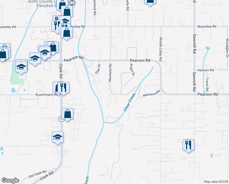 map of restaurants, bars, coffee shops, grocery stores, and more near 5535 Garden View Lane in Paradise