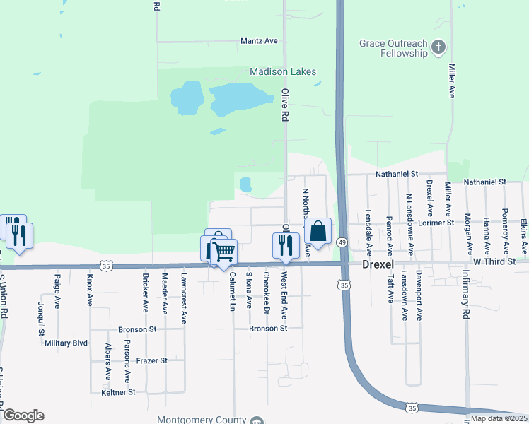 map of restaurants, bars, coffee shops, grocery stores, and more near 6128 Carmin Avenue in Dayton