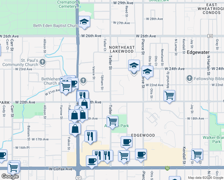 map of restaurants, bars, coffee shops, grocery stores, and more near 2050 Teller Street in Lakewood