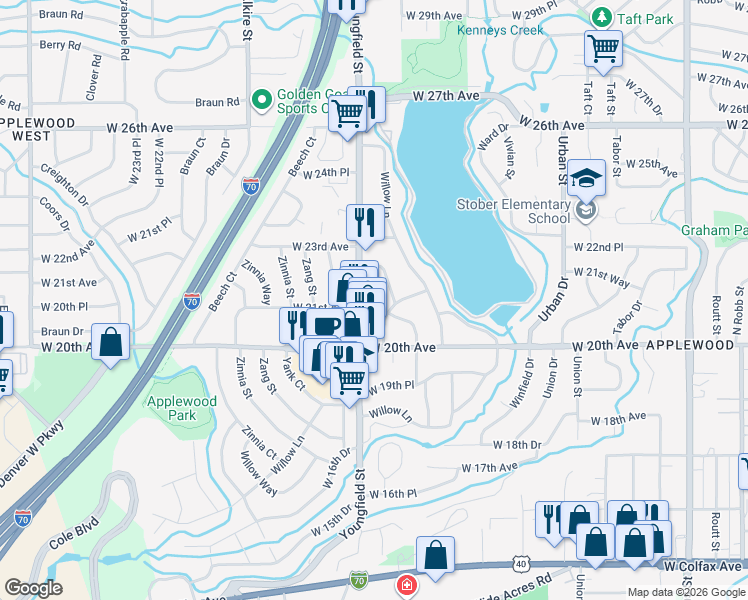 map of restaurants, bars, coffee shops, grocery stores, and more near 12800 West 21st Avenue in Golden
