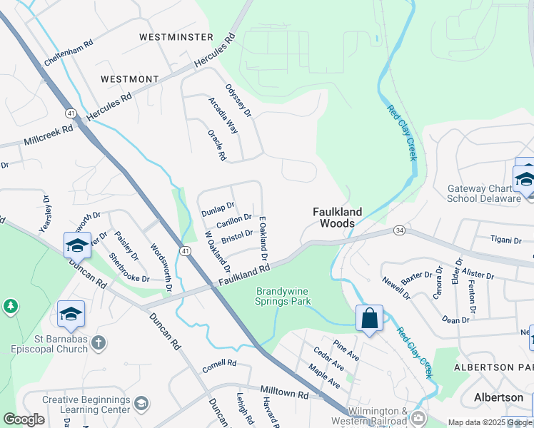 map of restaurants, bars, coffee shops, grocery stores, and more near 2823 East Oakland Drive in Wilmington