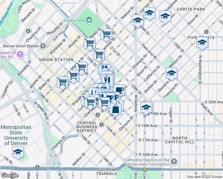 map of restaurants, bars, coffee shops, grocery stores, and more near in Denver