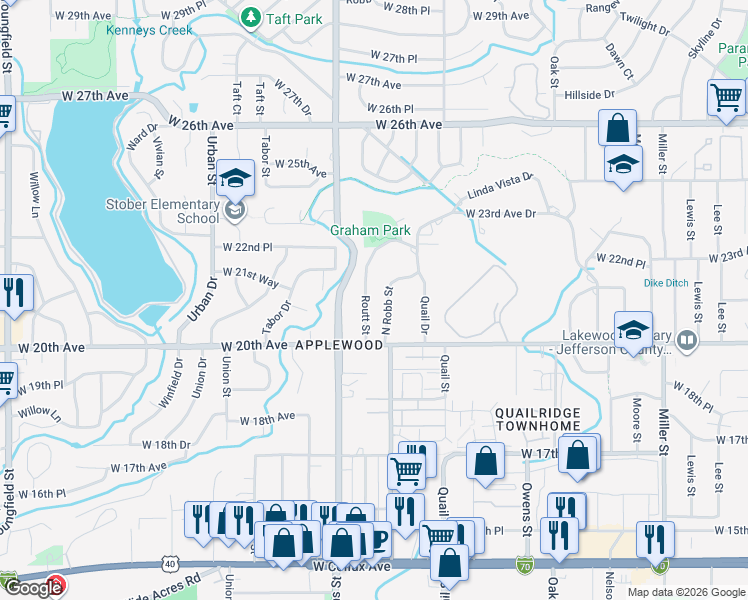 map of restaurants, bars, coffee shops, grocery stores, and more near 2060 North Robb Street in Lakewood