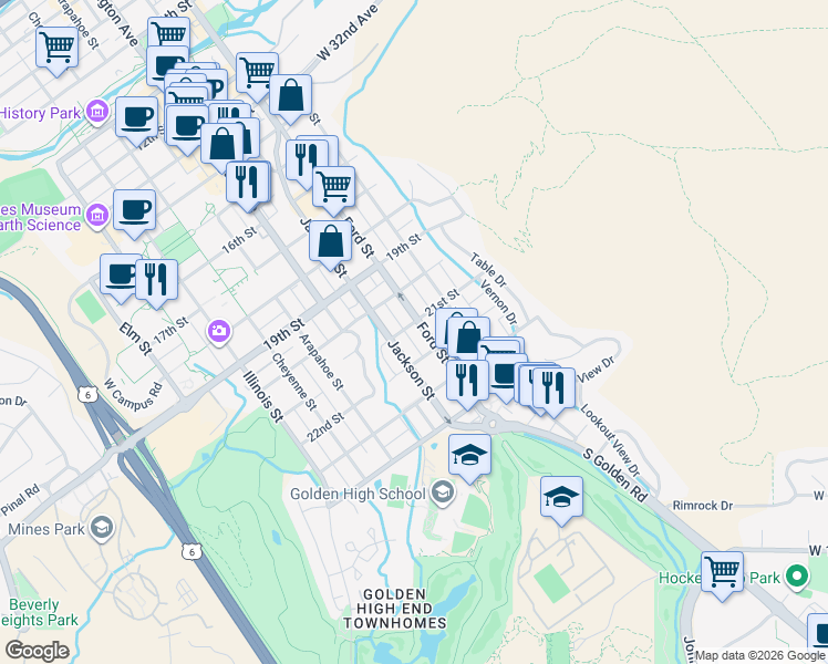 map of restaurants, bars, coffee shops, grocery stores, and more near 605 21st Street in Golden