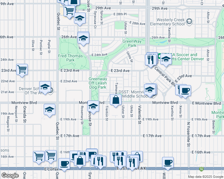 map of restaurants, bars, coffee shops, grocery stores, and more near 2095 Tamarac Street in Denver