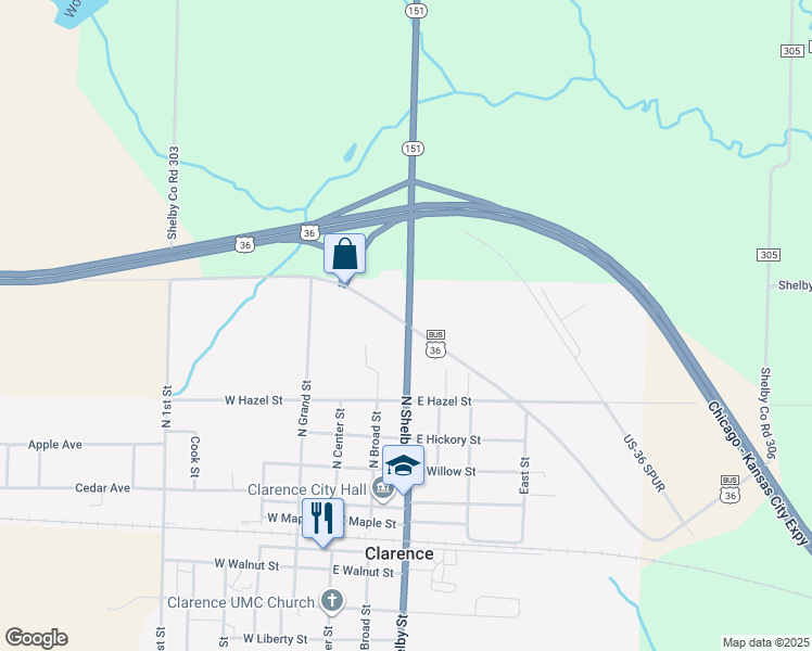 map of restaurants, bars, coffee shops, grocery stores, and more near 500-710 North Shelby Street in Clarence