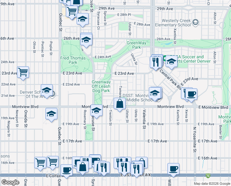 map of restaurants, bars, coffee shops, grocery stores, and more near 2095 Tamarac Street in Denver