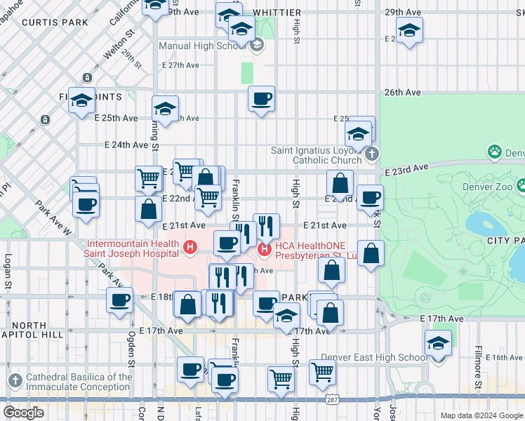 map of restaurants, bars, coffee shops, grocery stores, and more near 2108 Gilpin Street in Denver