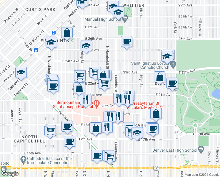 map of restaurants, bars, coffee shops, grocery stores, and more near 2101 Humboldt Street in Denver