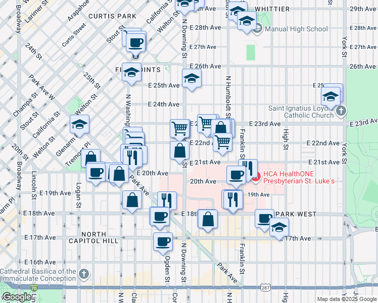 map of restaurants, bars, coffee shops, grocery stores, and more near 2100 North Downing Street in Denver