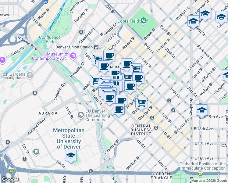 map of restaurants, bars, coffee shops, grocery stores, and more near 1228 Larimer Street in Denver