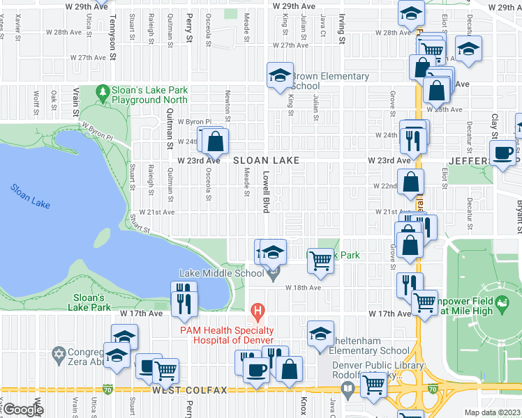map of restaurants, bars, coffee shops, grocery stores, and more near 2040 Lowell Boulevard in Denver