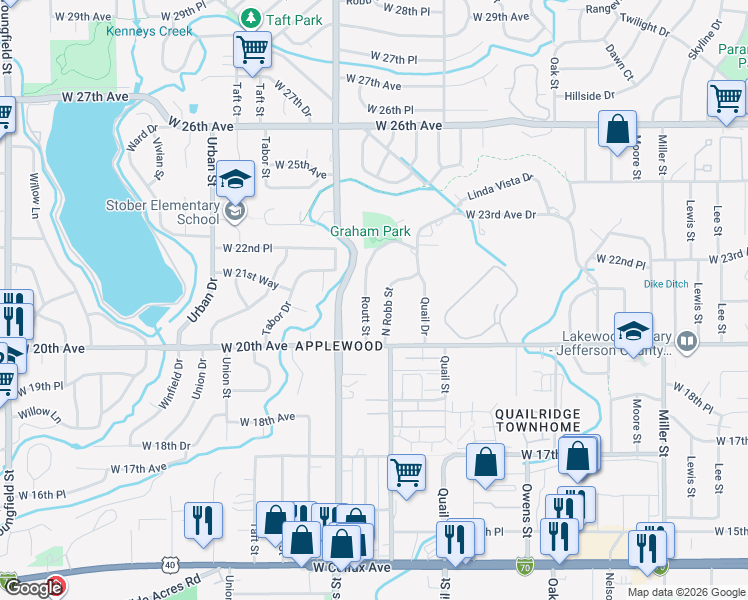 map of restaurants, bars, coffee shops, grocery stores, and more near 2060 North Robb Street in Lakewood